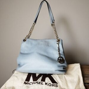 Michael Kors Jet Set Baby Blue Leather Gold Chain Strap Large Shoulder Bag